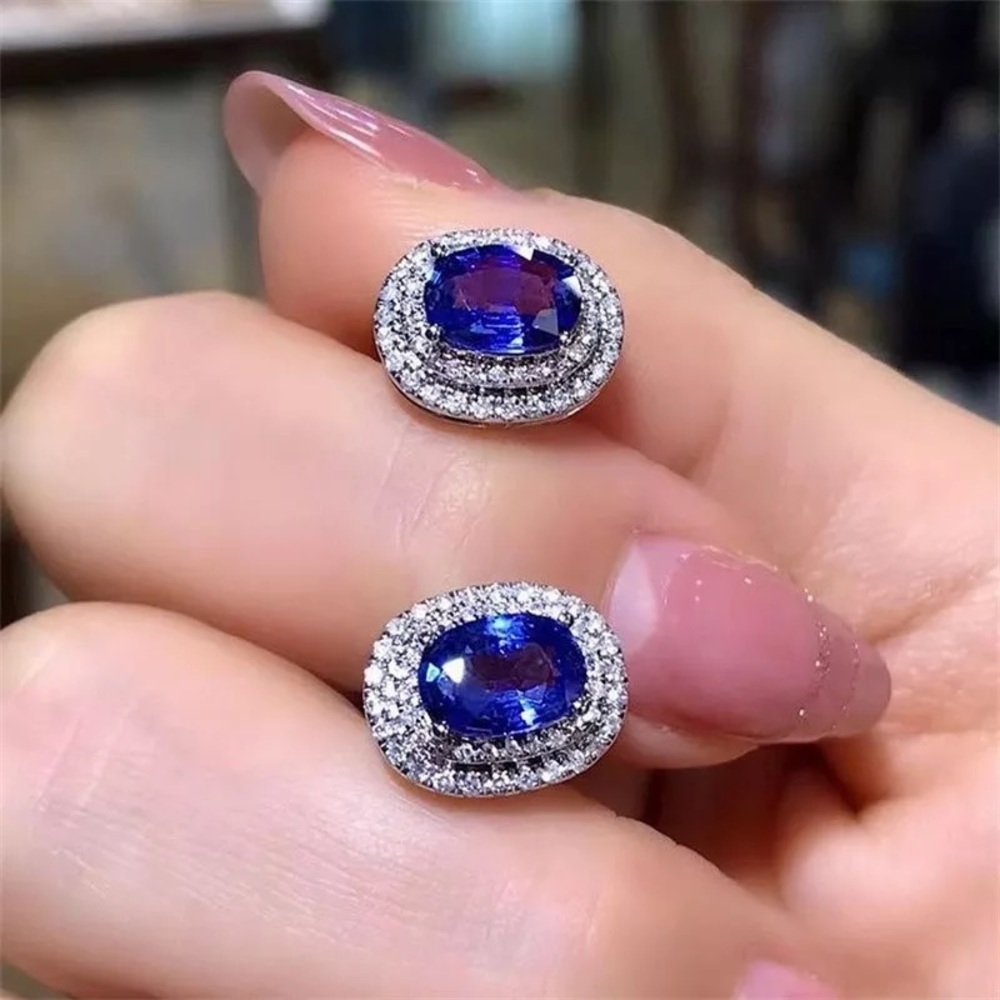 New Women’s 925 Silver Oval Cut Blue Sapphire Earrings - Picture 5 of 6